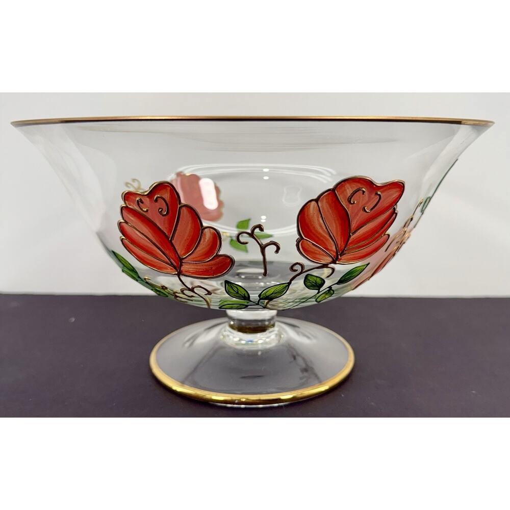 Bohemia Crystal Compote Bowl Hand Painted Roses 24K Gold Trim Pedestal